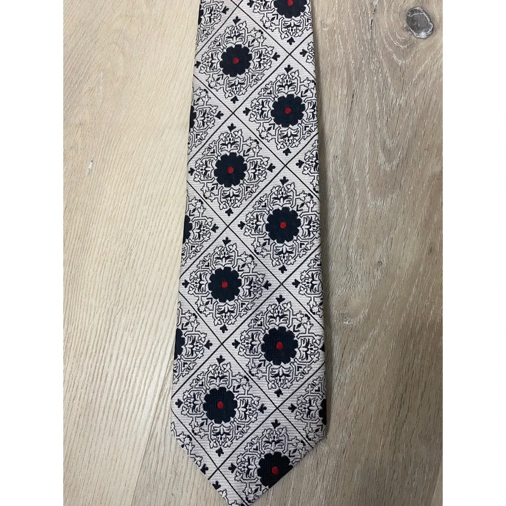 Vintage Wemlon by Wembley Clip-On Tie Floral Geometric Navy White 60s 70s Retro